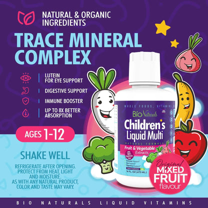 Bio Naturals Children's Liquid Multivitamin & Immune Booster - Natural Supplement for Kids & Toddlers with Vitamins A B C D3 E, Fiber Bio Naturals