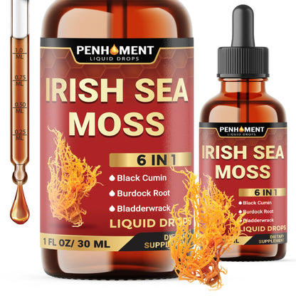 Penhoment Irish Sea Moss liquid drop bottles with dropper on a white background