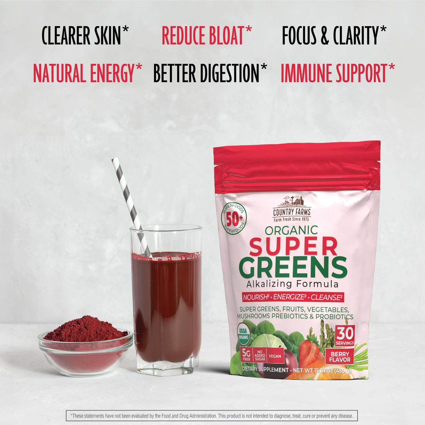 Country Farms Super Greens Berry Flavor, 50 Organic Super Foods, USDA Organic Drink Mix (Wheat Grass, Spirulina, Chlorella) Mushrooms & Probiotics, with Fiber, Gut Health, Natural Energy, 30 Servings Country Farms buy supplements Au
