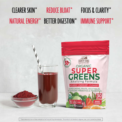Country Farms Super Greens Berry Flavor, 50 Organic Super Foods, USDA Organic Drink Mix (Wheat Grass, Spirulina, Chlorella) Mushrooms & Probiotics, with Fiber, Gut Health, Natural Energy, 30 Servings Country Farms buy supplements Au