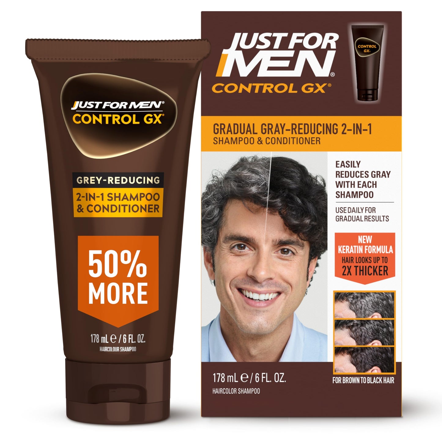 Just for Men Control GX Grey Reducing 2-in-1 Shampoo and Conditioner, Gradual Hair Color with Keratin for Stronger Thicker