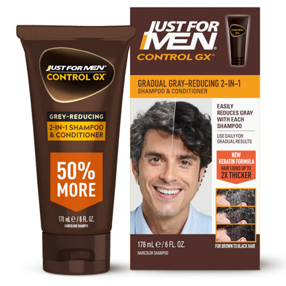 Just for Men Control GX Grey Reducing 2-in-1 Shampoo and Conditioner, Gradual Hair Color with Keratin for Stronger Thicker