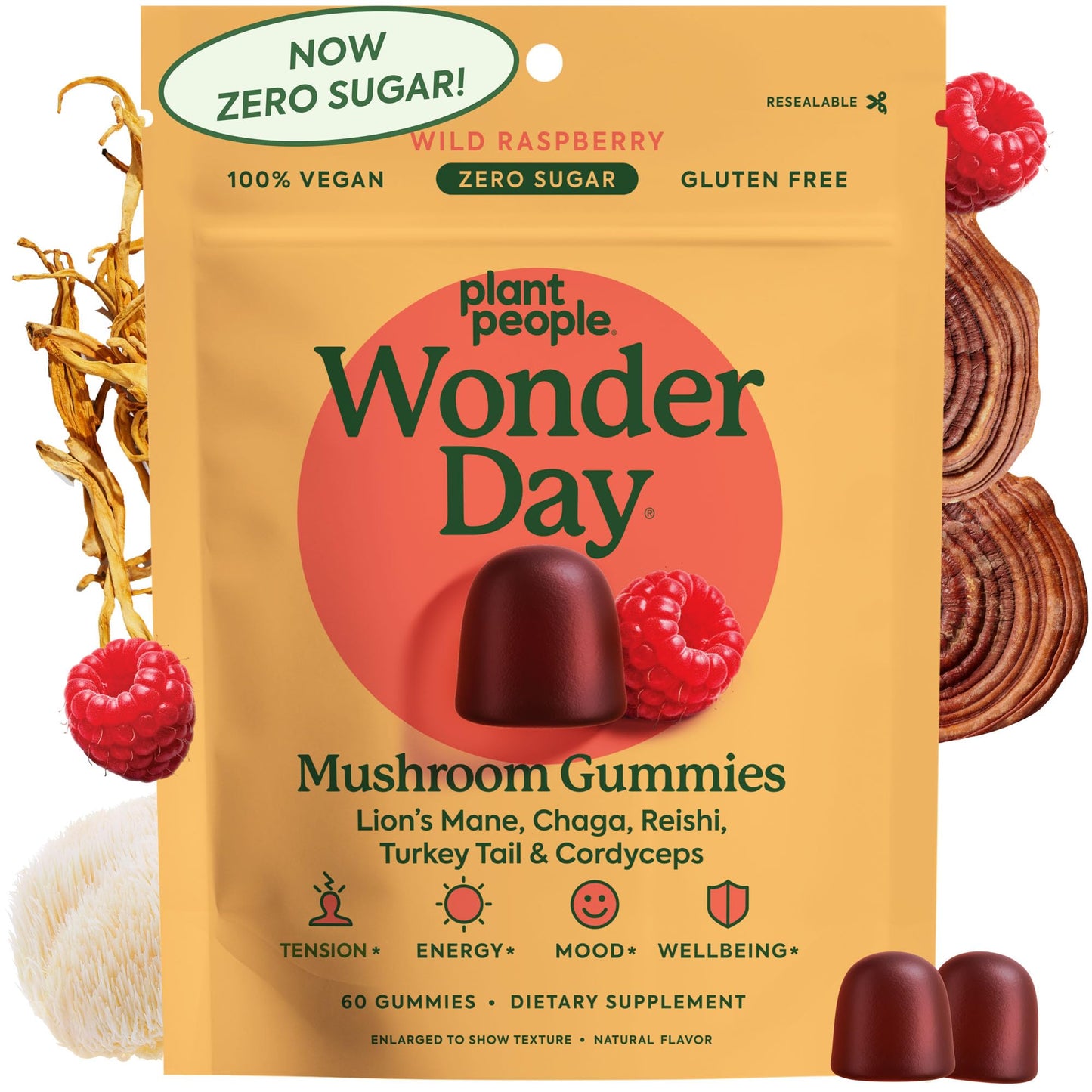 Plant People WonderDay Mushroom Gummies - Lion’s Mane, Cordyceps, Chaga Mushroom Supplement to Support Immune System De-Stress Boost Mood & Energy in Adults Natural