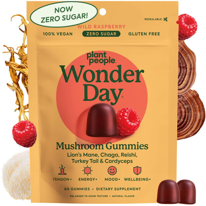 Plant People WonderDay Mushroom Gummies - Lion’s Mane, Cordyceps, Chaga Mushroom Supplement to Support Immune System De-Stress Boost Mood & Energy in Adults Natural