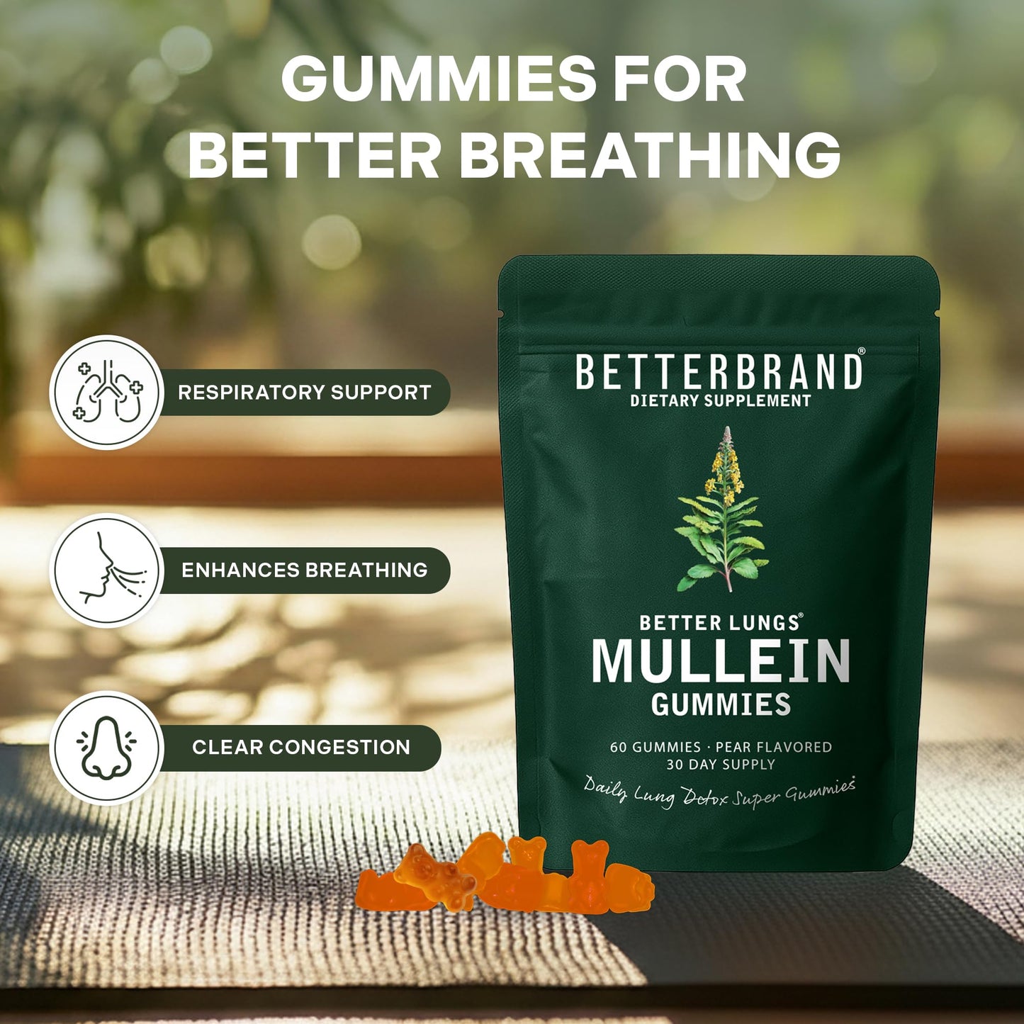 Betterbrand Mullein Chewable Gummies for Lung Cleanse and Detox, Respiratory Health Supplement, 1000mg Mullein Extract per Serving, 60 Gummies