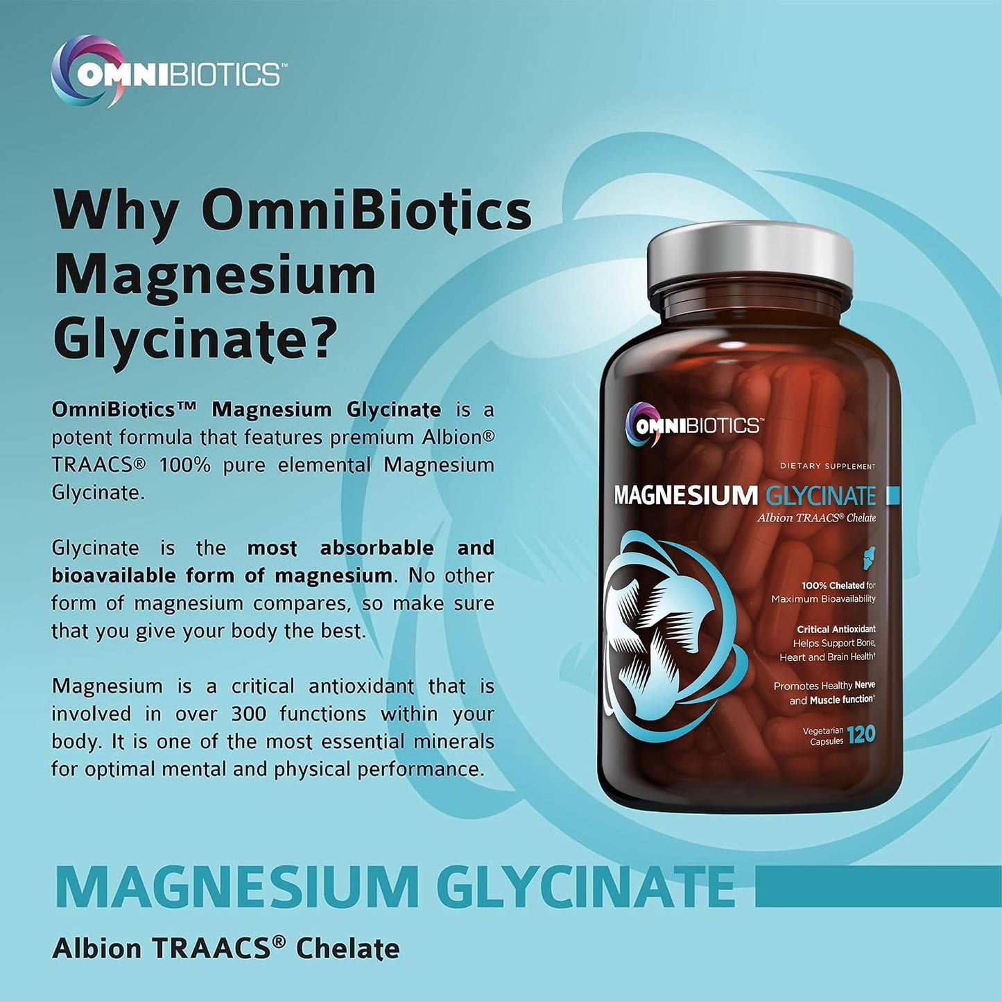 OmniBiotics Magnesium Glycinate Supplement – with 100% Pure Albion TRAACS Bisglycinate Chelate for Sleep, Muscle, Nerve & Heart Health – 120 Vegan Capsules OmniBioticsBuy Supplements Australia