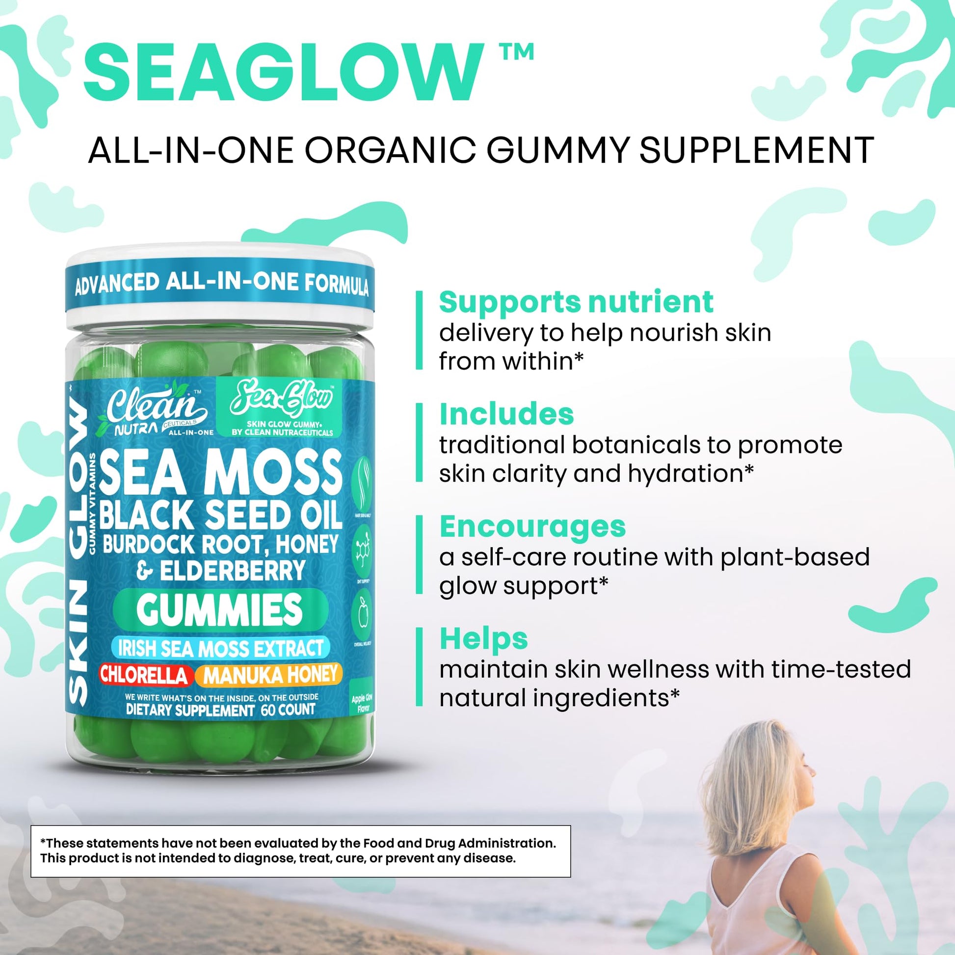 Clean Nutra Sea Moss Gummies Black Seed Oil Chlorella Ashwagandha Root Hair Growth Skin Glow Irish Sea Moss Elderberry Burdock Manuka Honey Trace Minerals Detox 60 Gummy Vitamins Sea Glow Supplement Clean NutraceuticalsBuy Supplements Australia