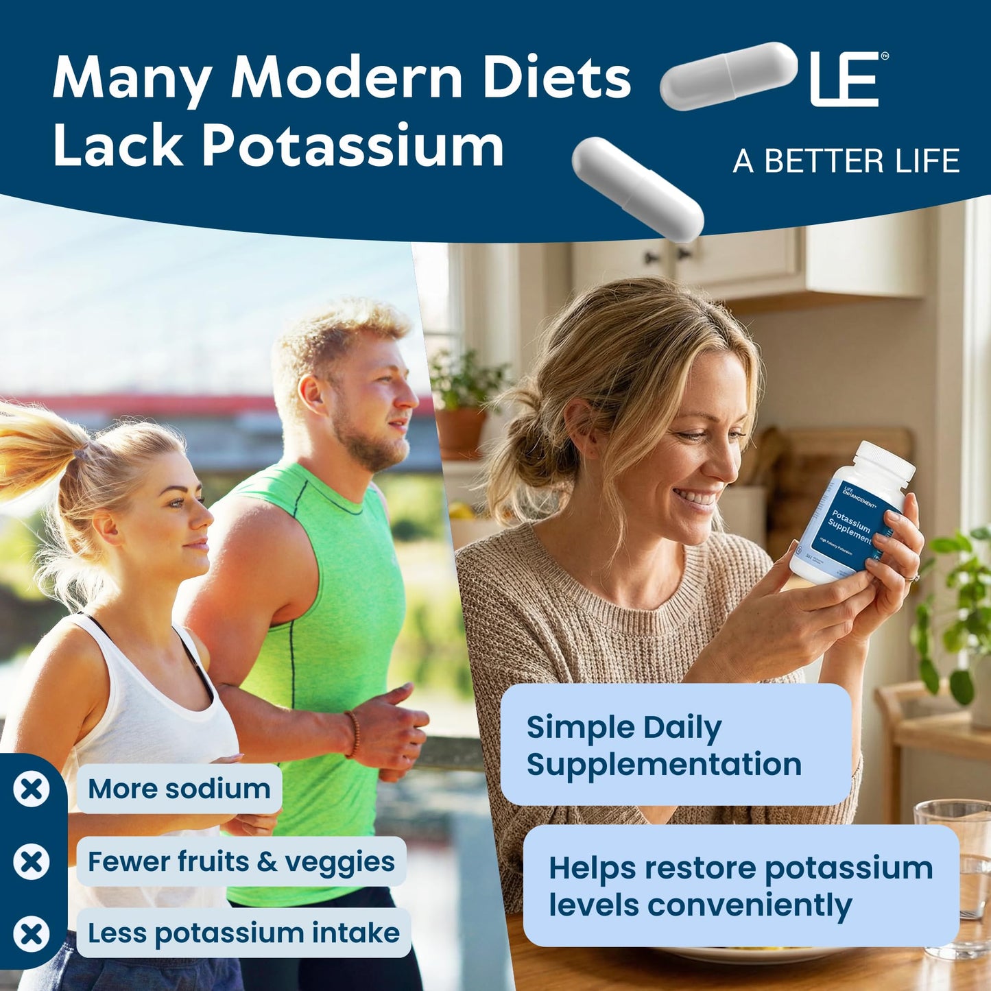 Life Enhancement High Potency 1020 mg Potassium Supplement for Muscle, Brain & Bone Health - No Additives High Absorption Elemental Potassium Supplement