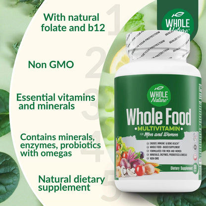 Whole Nature Whole Food Multivitamin for Men and Women Complete Daily Superfood Vitamins Plus Minerals Digestive Enzymes Whole Nature