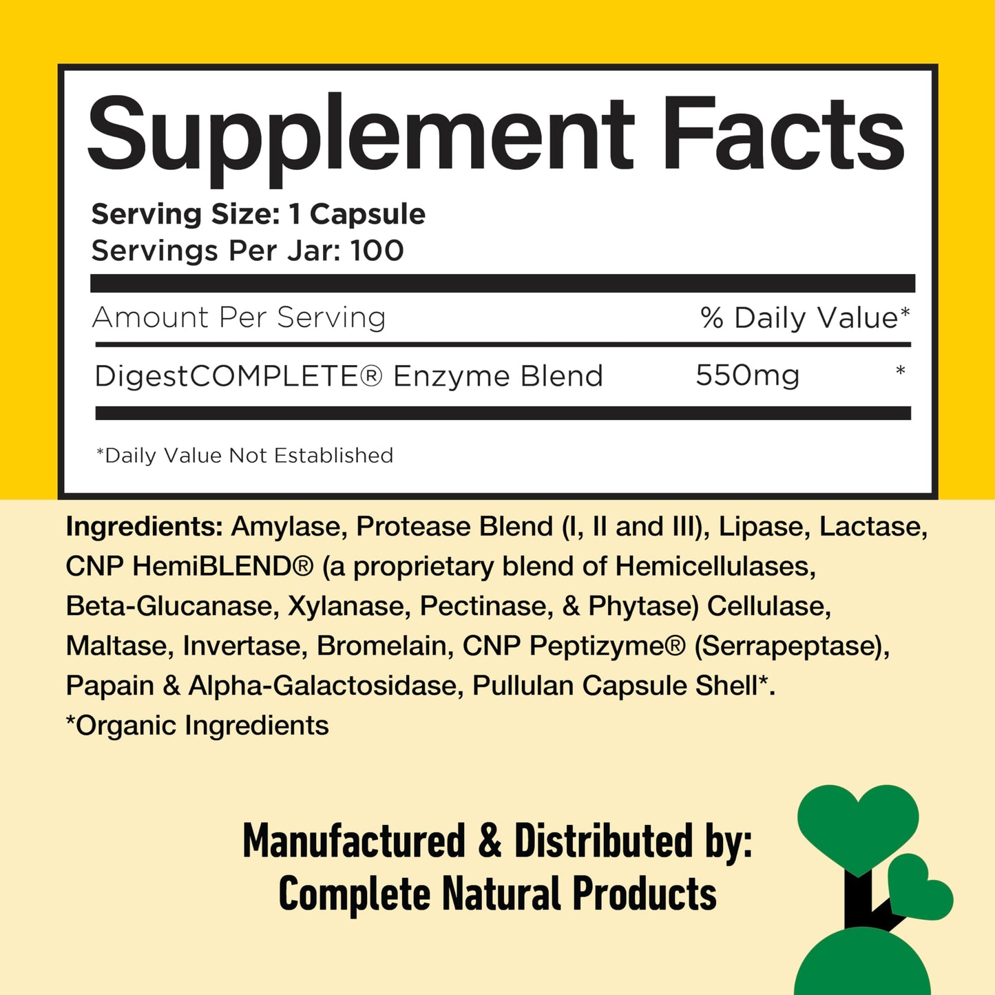 Complete Natural Products Digestive Enzyme Capsules, 550mg, 100ct | Plant-Based Formula