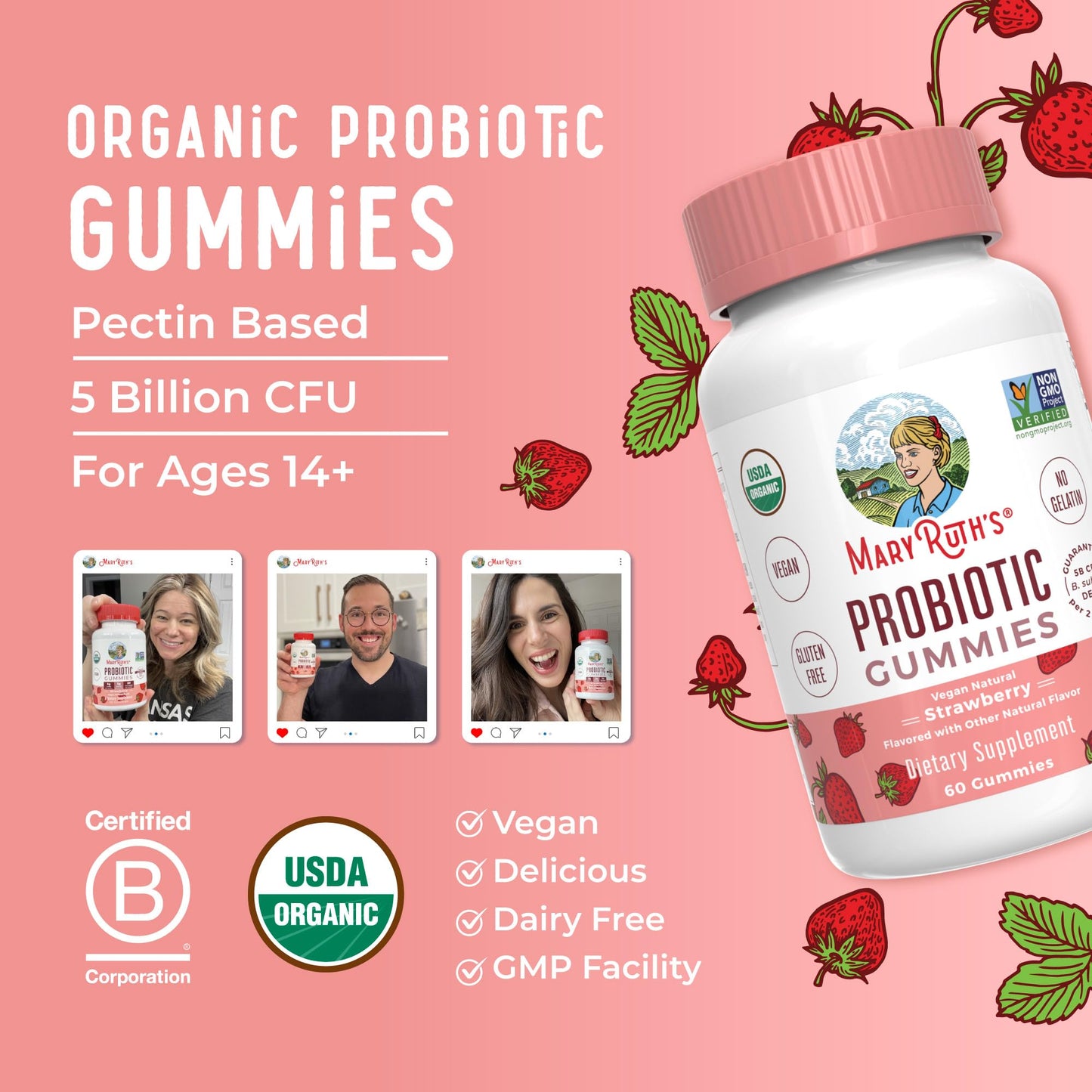 MARYRUTH'S USDA Organic Probiotic Gummies Probiotic Digestive Support | Immune Support | Digestive & Gut Health Supplement | 5 Billion CFU