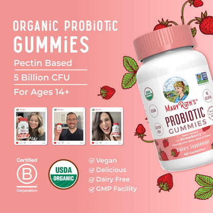 MARYRUTH'S USDA Organic Probiotic Gummies Probiotic Digestive Support | Immune Support | Digestive & Gut Health Supplement | 5 Billion CFU