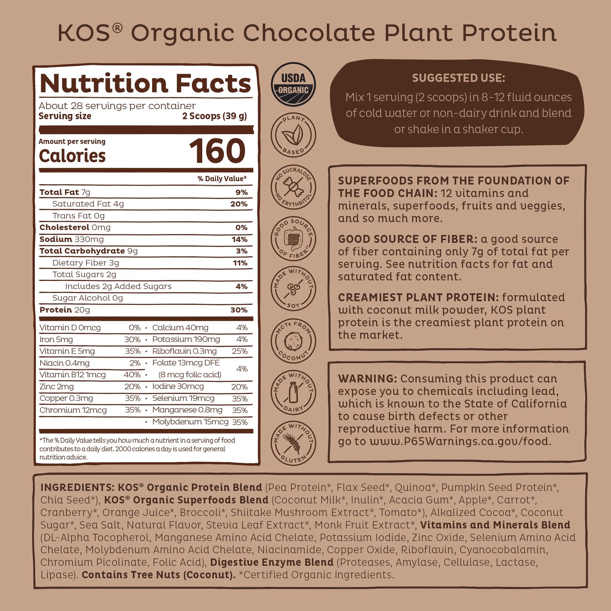 KOS Vegan Protein Powder Erythritol Free, Chocolate - Organic Pea Protein Blend, Plant Based Superfood Rich in Vitamins & Minerals - Keto, Dairy Free - Meal Replacement for Women & Men, 28 Servings KOS buy supplements Au