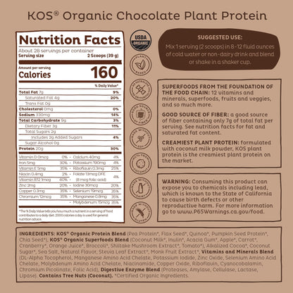 KOS Vegan Protein Powder Erythritol Free, Chocolate - Organic Pea Protein Blend, Plant Based Superfood Rich in Vitamins & Minerals - Keto, Dairy Free - Meal Replacement for Women & Men, 28 Servings KOS buy supplements Au