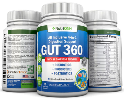 4-in-1 Probiotics, Prebiotics & Postbiotics with 18 Digestive Enzymes for Women & Men - Complete Gut & Digestive Support Supplement