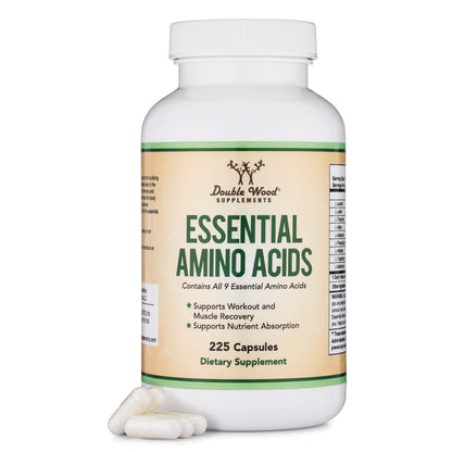 Essential Amino Acids - 1 Gram Per Serving Powder Blend of All 9 Essential Aminos (EAA) and All Branched-Chain Aminos (BCAAs) (Leucine, Isoleucine, Valine) 225 Capsules, Gluten Free by Double Wood Double Wood Supplements buy supplements Au