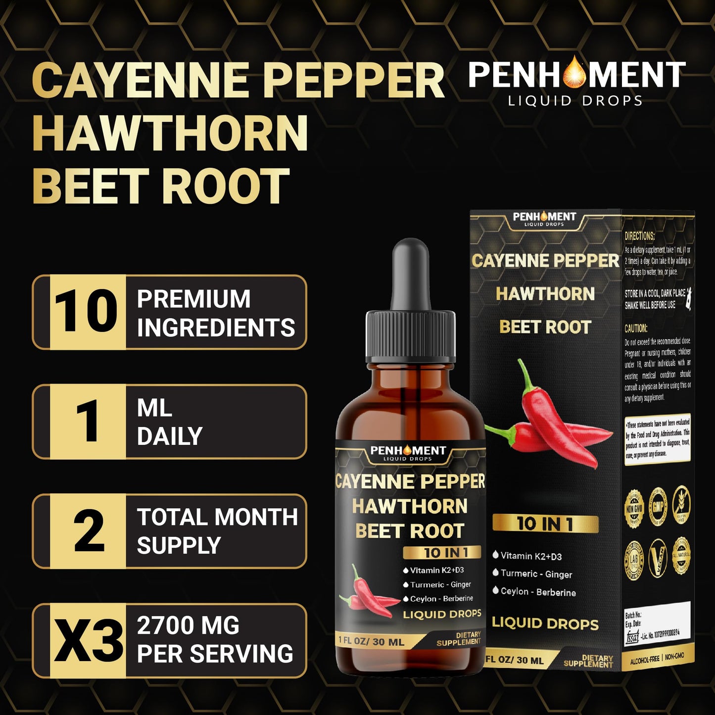 Penhoment 2 Packs - 2700 mg 10in1 Cayenne Pepper Liquid Drops with Hawthorn Berry, Vitamin D3 K2, Beet Root, Ginger Turmeric, Ginger, Ceylon Cinnamon, Berberine, and Ginseng - 2 Months Penhoment buy supplements Au