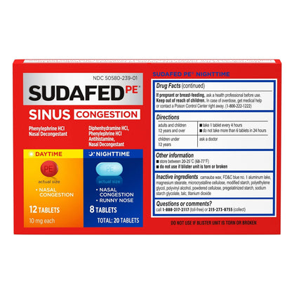 Sudafed PE Sinus Congestion Day + Night Maximum Strength Decongestant & Antihistamine Tablets with Phenylephrine HCl & Diphenhydramine HCl, Helps Nasal & Sinus Pressure & Congestion, 20 ct Sudafed buy supplements Au