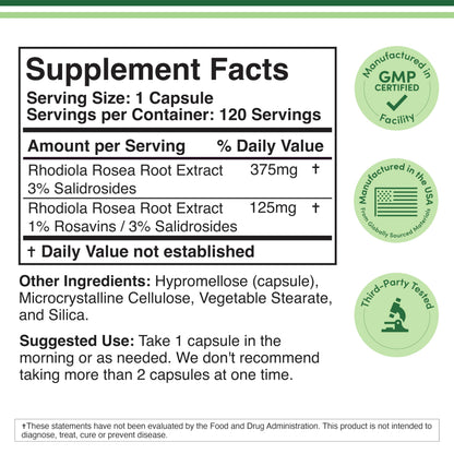 Rhodiola Rosea Supplement 500mg, 120 Vegan Capsules (Third Party Test, Gluten Free, 3% Salidrosides, 1% Rosavins Extract) for Performance,