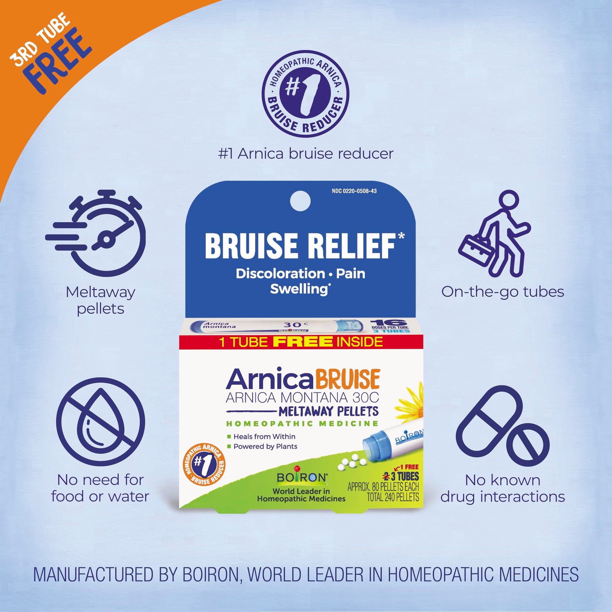 Boiron Arnica Bruise - Arnica Montana 30c for Relief of Pain, Swelling, and Discoloration from Bruises - 3 Count (240 Pellets) BoironBuy Supplements Australia