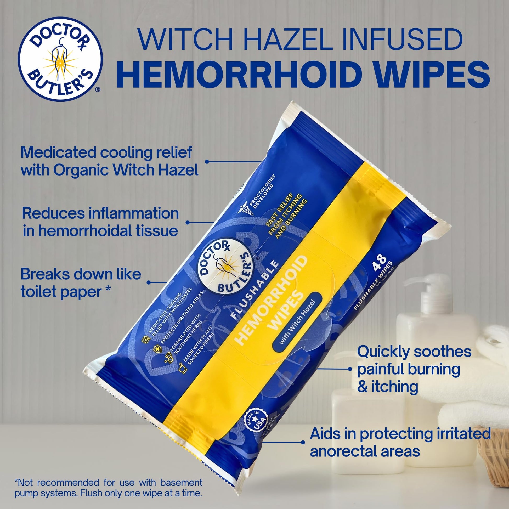 Doctor Butler's Flushable Hemorrhoid Wipes – Flushable Wipes with Witch Hazel to Soothe and Bring Relief from Discomfort Associated with Hemorrhoids (48 Wipes) Doctor Butler'sBuy Supplements Australia
