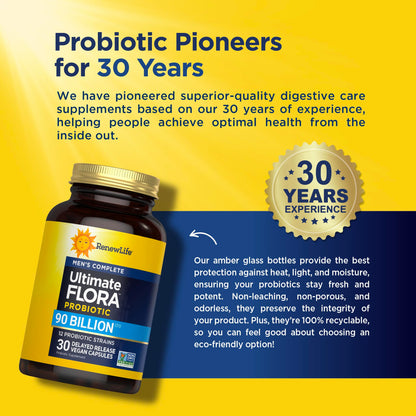 Renew Life Men's Care Probiotic Capsules, Supports Mens Digestive, Colon, Immune and Respiratory Health, L. Rhamnosus GG, Dairy, Soy and gluten-free, 90 Billion CFU, 30 Count