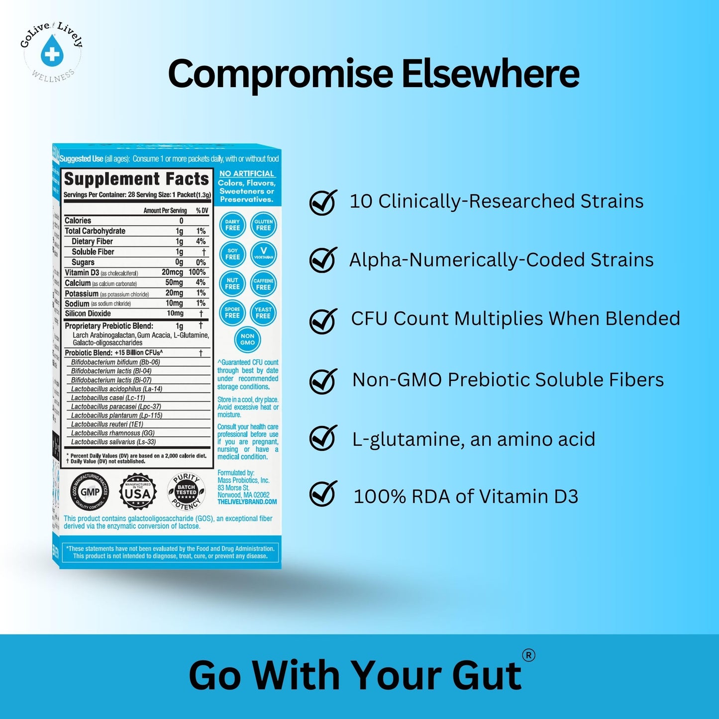 GoLive Prebiotic & Probiotic for Women, Men, Kids. Flavor-Free, Sugar-Free, Synbiotic Powder w/ GOS, L-Glutamine, Vitamin D3, Electrolytes. For Gut Health, Digestion, Metabolism, Immunity 15-50B CFUs. GoLive buy supplements Au