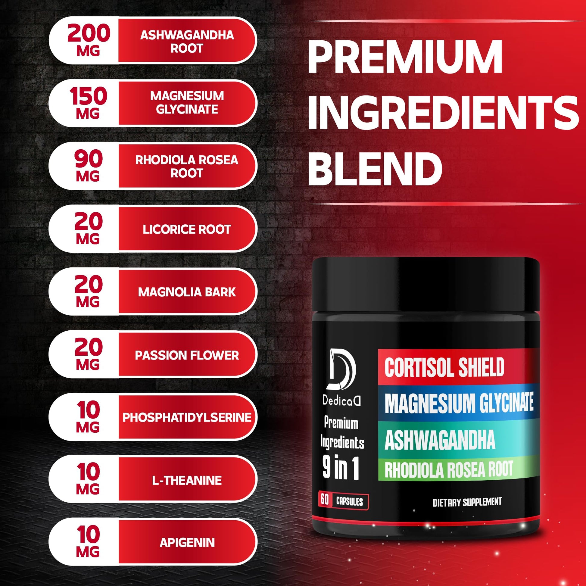 DEDICAD 9in1 Cortisol Shield - Magnesium Glycinate & Ashwagandha with Rhodiola, Phosphatidylserine, Passion Flower, L-Theanine, Apigenin, Licorice, Magnolia - Rest Well & Mood Balance - 60 Count DEDICAD buy supplements Au
