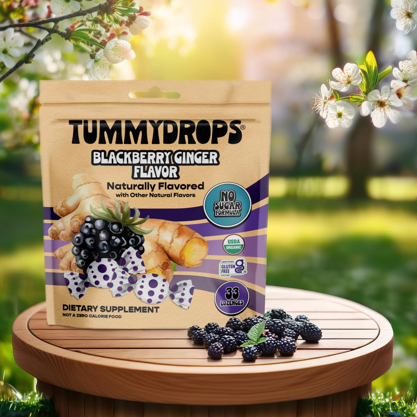 Tummydrops, No Sugar Sweet Blackberry Ginger Flavor, Gluten Free & Vegan, 33 Individually Wrapped Organic Ginger Lozenges Made with Organic Monkfruit