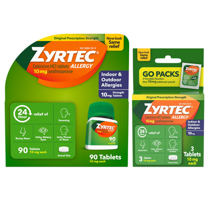 Zyrtec 24 Hour Allergy Relief Tablets, Indoor & Outdoor Allergy Medicine with 10 mg Cetirizine Hydrochloride Antihistamine, Value Bundle of one, 90 ct Bottle & Three, 1 ct Travel Packs Zyrtec buy supplements Au