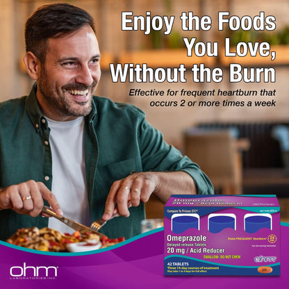 Ohm Omeprazole 20mg, 42 Delayed-Release Tablets, Acid Reducer for Frequent Heartburn, 24-Hour Relief Heartburn Medicine, Helps Relieve Stomach & Chest Discomfort (6 Weeks of Supply, 42, Count) Ohm buy supplements Au