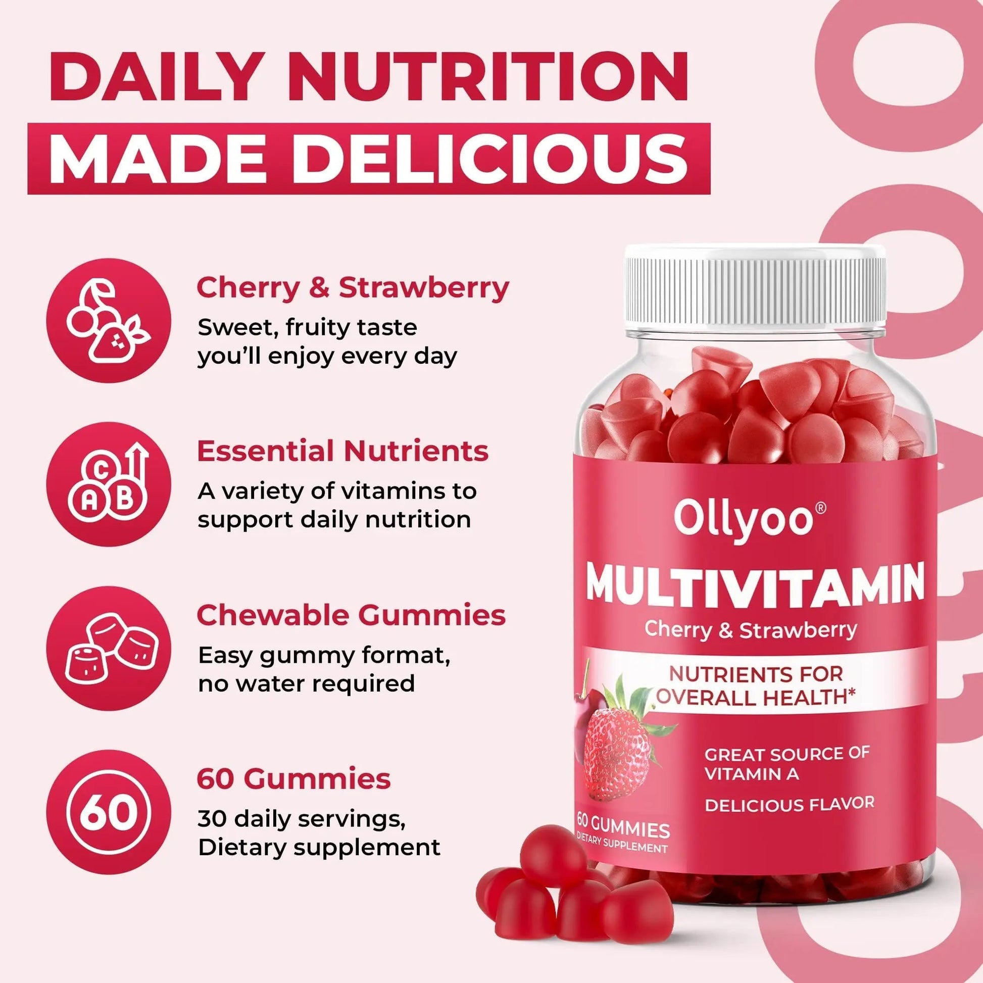 Ollyoo Multivitamin Gummies for Adults | Cherry & Strawberry Flavor | Great Source of Vitamin A & Essential Nutrients | Ollyoo