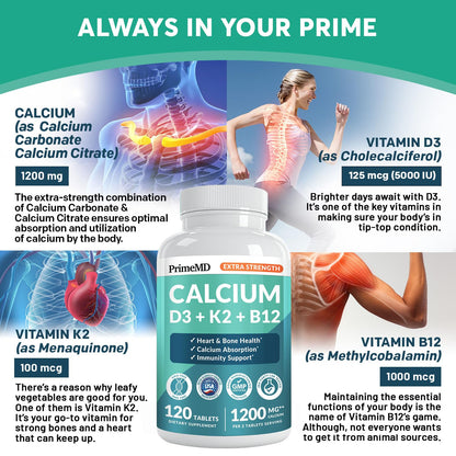 4-in-1 Calcium 1200 mg with Vitamin D3 K2 - Extra Strength Calcium Supplements for Women & Men with D3 K2 Vitamin 5000 IU - Everyday Vitality Supplement