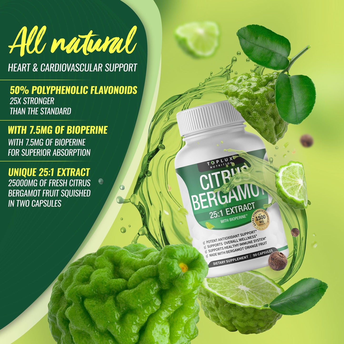 Citrus Bergamot Supplement 1500mg - 25:1 Bergamot Extract to Support Overall Health, Immune System, Potent Antioxidant High Absorption Natural