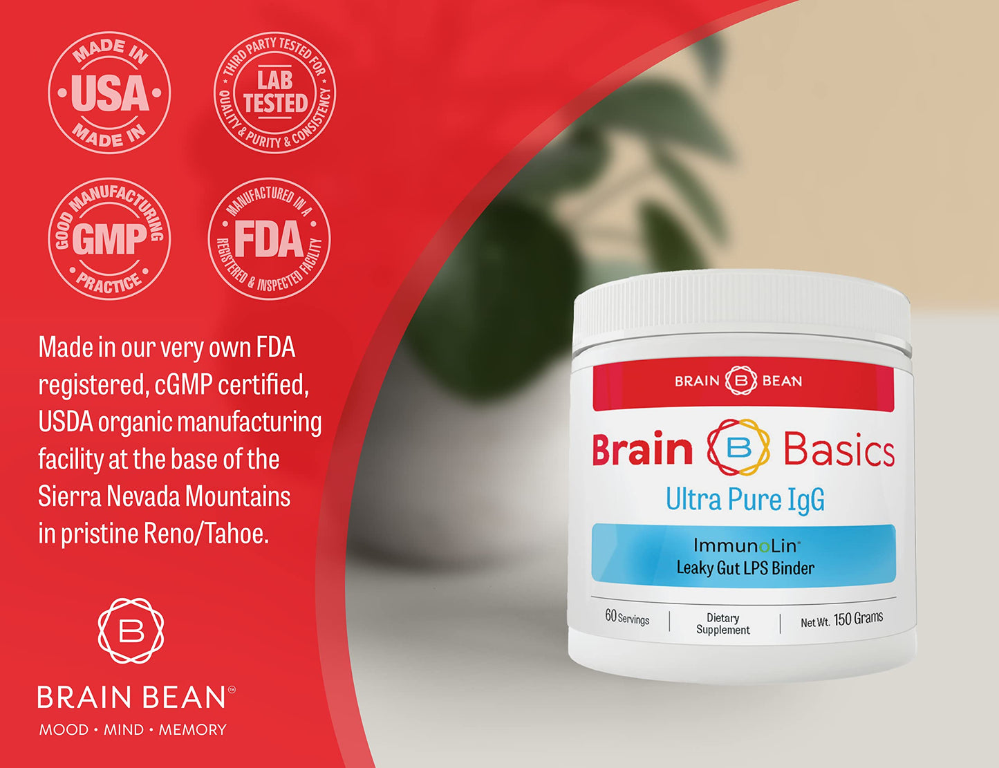 Brain Basics Ultra Pure IgG Supplement - Dairy-Free Supplement IgG-Immunolin Powder, Blended Vitamin & Mineral Supplements, 150g, 60 Servings Brain Bean buy supplements Au