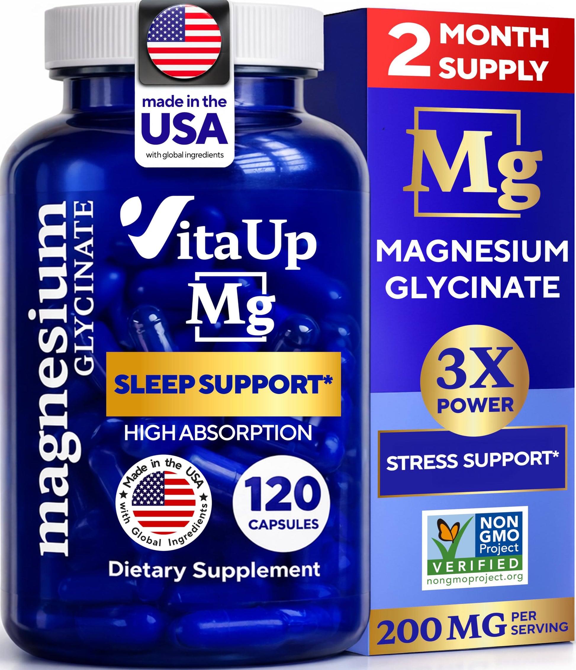 VitaUp Magnesium Glycinate 200mg - USA Made, Highly Absorbed, Non-GMO Magnesium for Relaxation, Deep Sleep, Bones & Heart - 200mg per Serving, 120 Vegan Capsules VitaUpBuy Supplements Australia