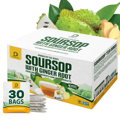 Box of DediDed Soursop with Ginger Root tea bags and a slice of soursop fruit.