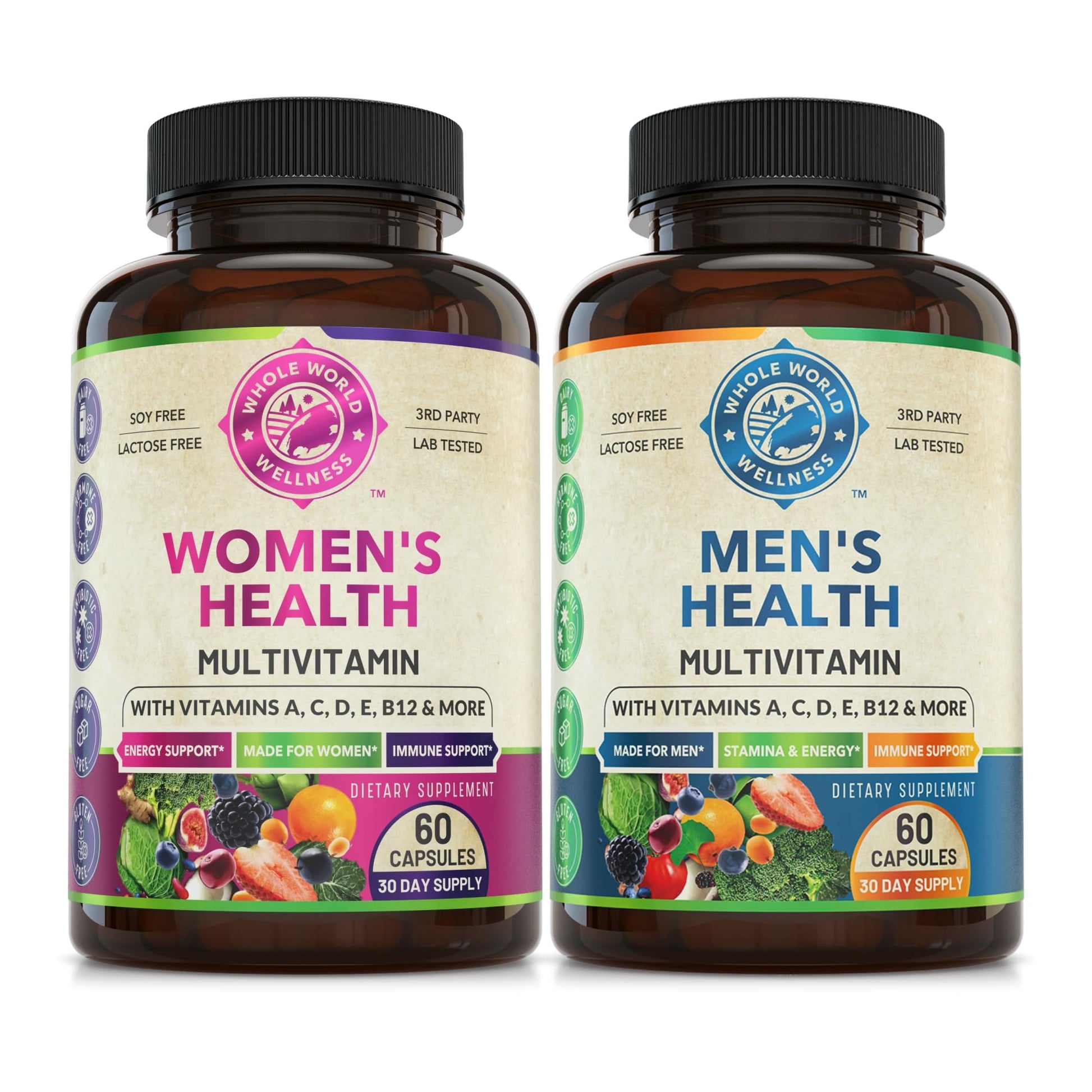 Two bottles of multivitamins for women and men on a white background