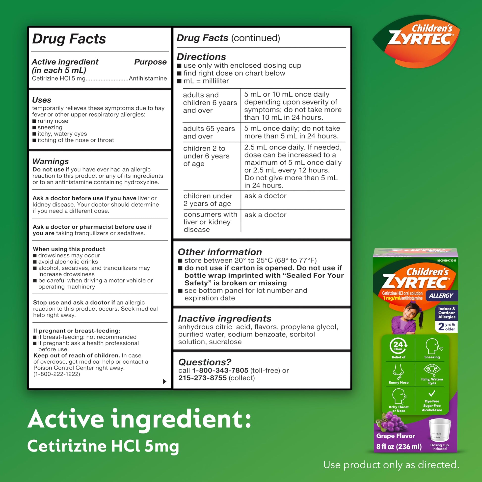 Children's Zyrtec Liquid, Kid's Antihistamine Syrup, Dye-, Sugar-, and Alcohol-Free, Pleasant Grape Flavor, Contains Cetirizine HCl Suitable for Ages 2 Years and Up, 8 fl oz Bottle Zyrtec buy supplements Au