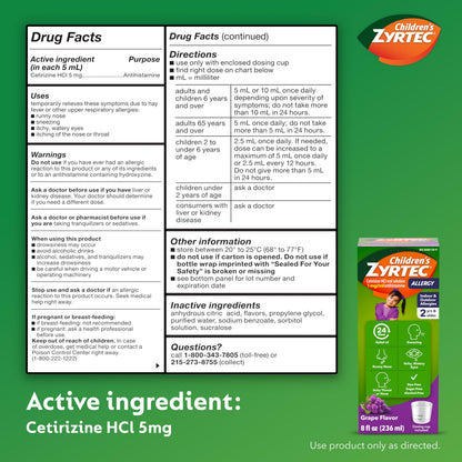 Children's Zyrtec Liquid, Kid's Antihistamine Syrup, Dye-, Sugar-, and Alcohol-Free, Pleasant Grape Flavor, Contains Cetirizine HCl Suitable for Ages 2 Years and Up, 8 fl oz Bottle Zyrtec buy supplements Au