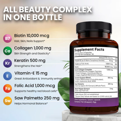 NEW AGE Biotin Collagen Keratin Hyaluronic Acid - 50,000mcg Hair Growth Vitamins for Men and Women, Nails, Hair, Skin Vitamins and DHT Blocker with Vitamin E Folic