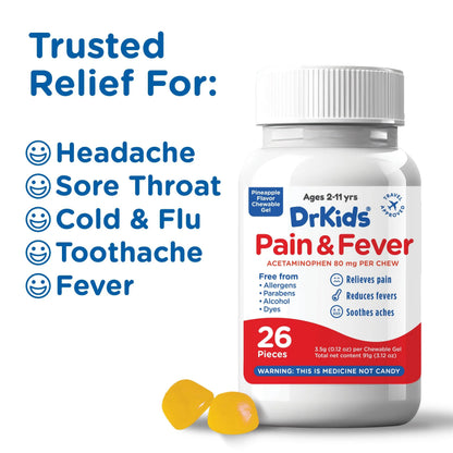 Dr. Kids Children’s Pain and Fever Chewable Gels – Pain Relief and Fever Reducer for Kids Ages 2–11, 80 mg Chewable Acetaminophen for Headache, Sore Throat, Cold & Flu, Pineapple Flavor, 26 Count Dr. KidsBuy Supplements Australia