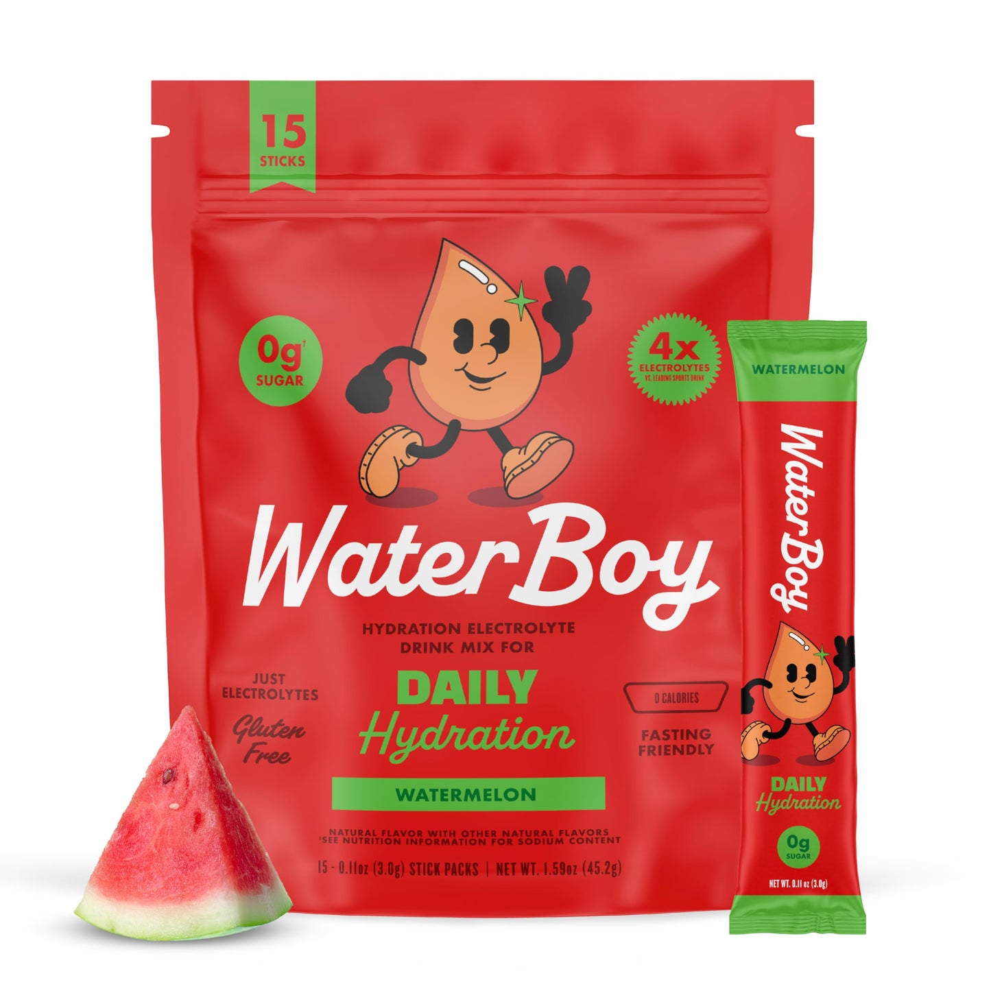 Waterboy Daily Hydration | 1,570mg Electrolyte Powder Packets | No Sugar, All Natural, Gluten Free, Zero Calories | 15 Drink Stick Mixes (Watermelon)