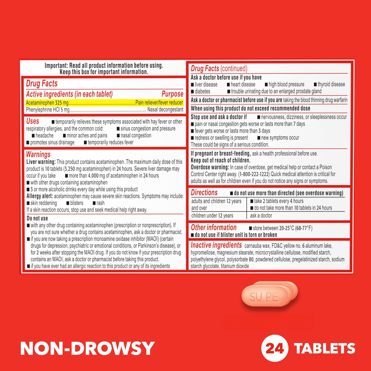Sudafed PE Sinus Pressure + Pain Relief Tablets, Maximum Strength, Non-Drowsy, OTC Sinus Relief Medicine with Acetaminophen Pain Reliever & Phenylephrine HCl Nasal Decongestant, 24 ct Sudafed buy supplements Au