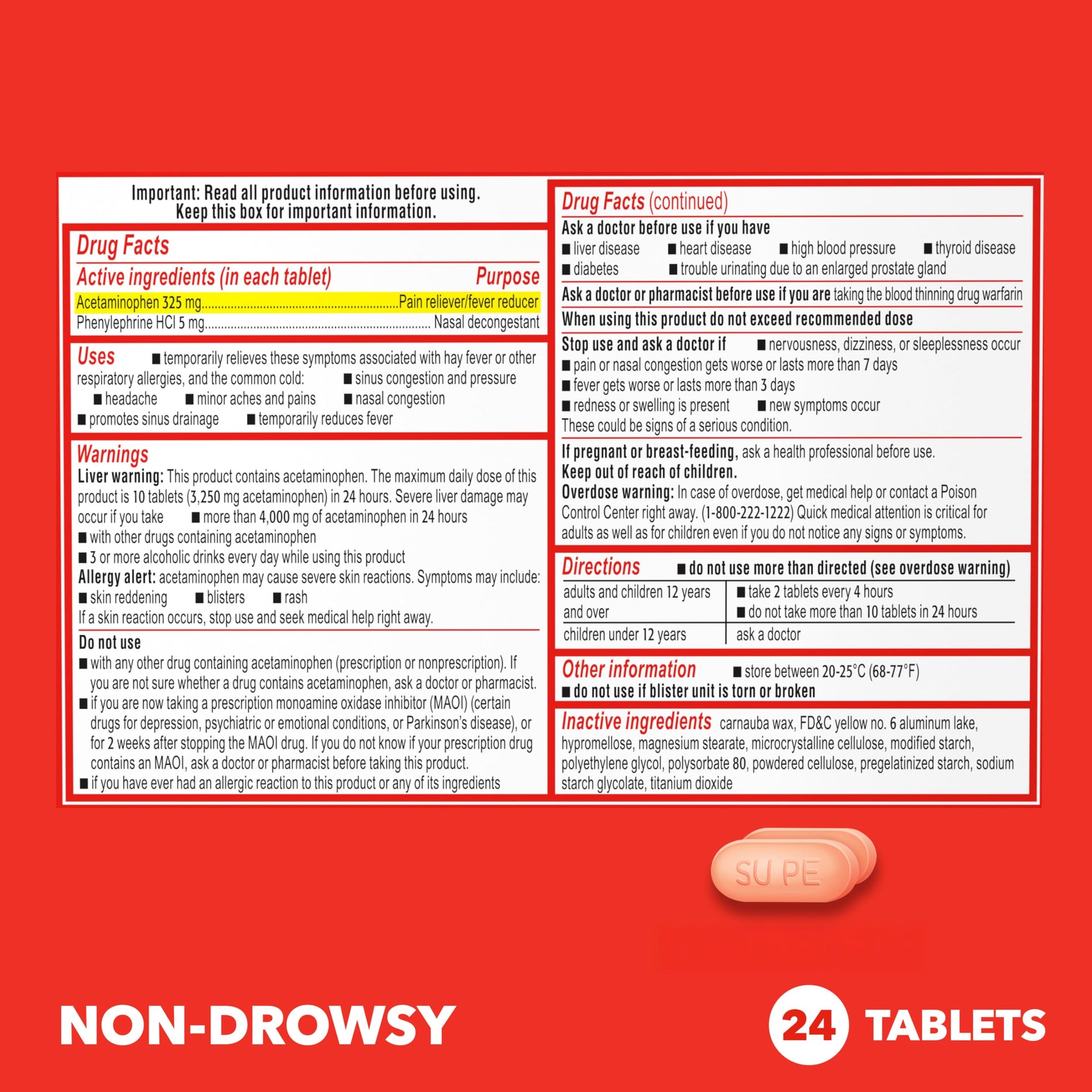 Sudafed PE Sinus Pressure + Pain Relief Tablets, Maximum Strength, Non-Drowsy, OTC Sinus Relief Medicine with Acetaminophen Pain Reliever & Phenylephrine HCl Nasal Decongestant, 24 ct Sudafed buy supplements Au