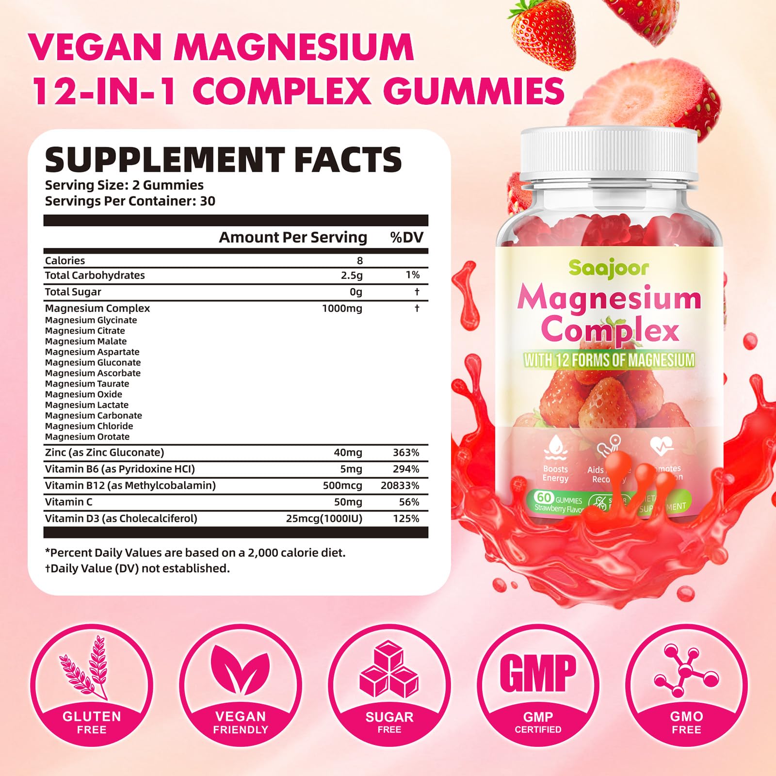 Magnesium Complex Gummies – with 12 Forms of Magnesium (Citrate, Glycinate, Malate, Oxide, and More) Plus Vitamins B6, B12, and C. for Women and Men – Strawberry Flavor, 60 Count Saajoor buy supplements Au