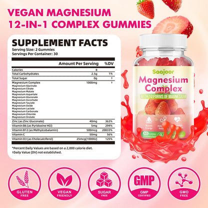 Magnesium Complex Gummies – with 12 Forms of Magnesium (Citrate, Glycinate, Malate, Oxide, and More) Plus Vitamins B6, B12, and C. for Women and Men – Strawberry Flavor, 60 Count Saajoor buy supplements Au