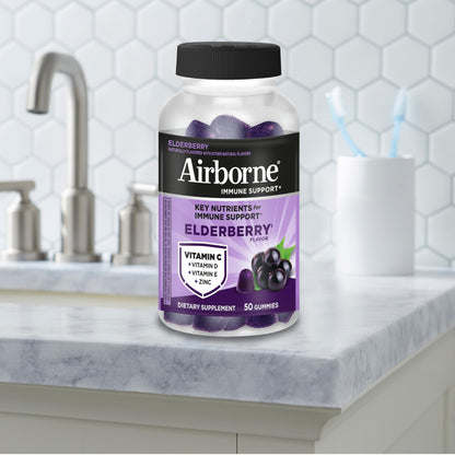 Airborne Elderberry + Zinc & Vitamin C Gummies For Adults, Immune Support Vitamin D & Zinc Gummies With Powerful Antioxidant Vitamins C D & E