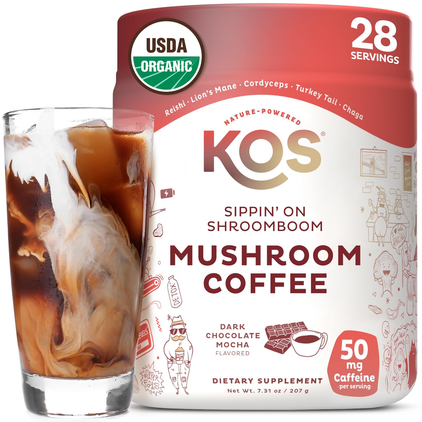 KOS Mushroom Coffee - USDA Certified Organic - Dark Chocolate Mocha Flavor - Mushroom Coffee Latte Powder with Reishi, Cordyceps, Lion's Mane, Chaga & Turkey Tail Mushrooms KOS buy supplements Au