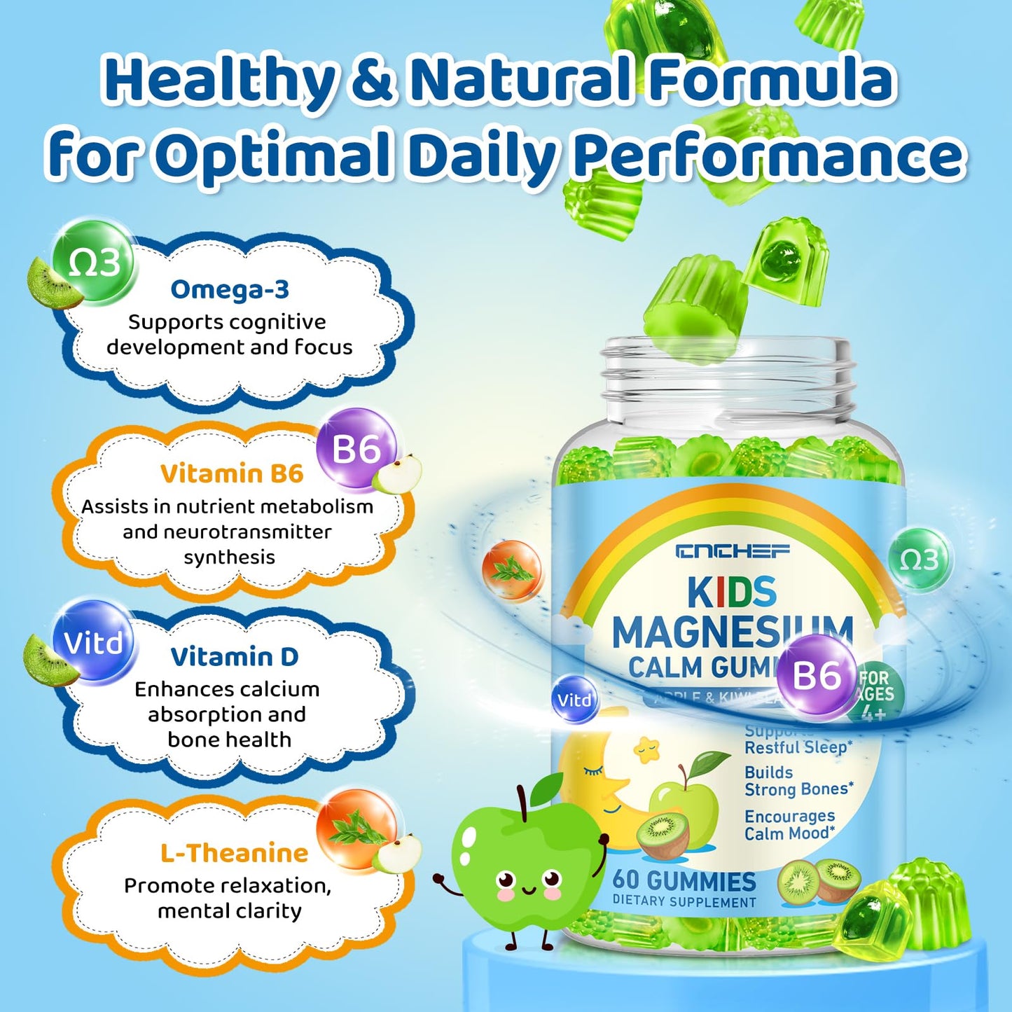 Center-Filled Magnesium Gummies for Kids 300MG - Magnesium Glycinate Gummies with L-theanine, Omega-3, Vitamin B6, D for Kids & Adults, Supplement for Sleep, Calm & Muscle Relaxation - Apple & Kiwi CNCHEFBuy Supplements Australia
